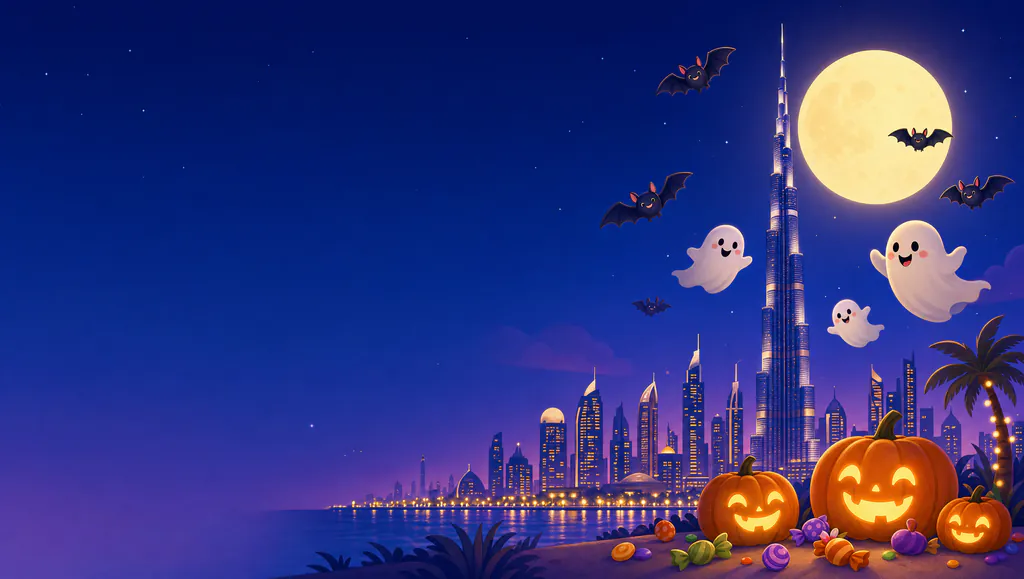 Cartoon Halloween night over Dubai: the Burj Khalifa under a full moon, friendly ghosts and bats, and glowing pumpkins