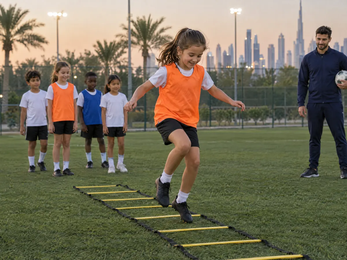A girl in a training bib skips through an agility ladder on the balls of her feet on a floodlit football pitch at dusk, as teammates wait in line and a coach watches holding a ball.