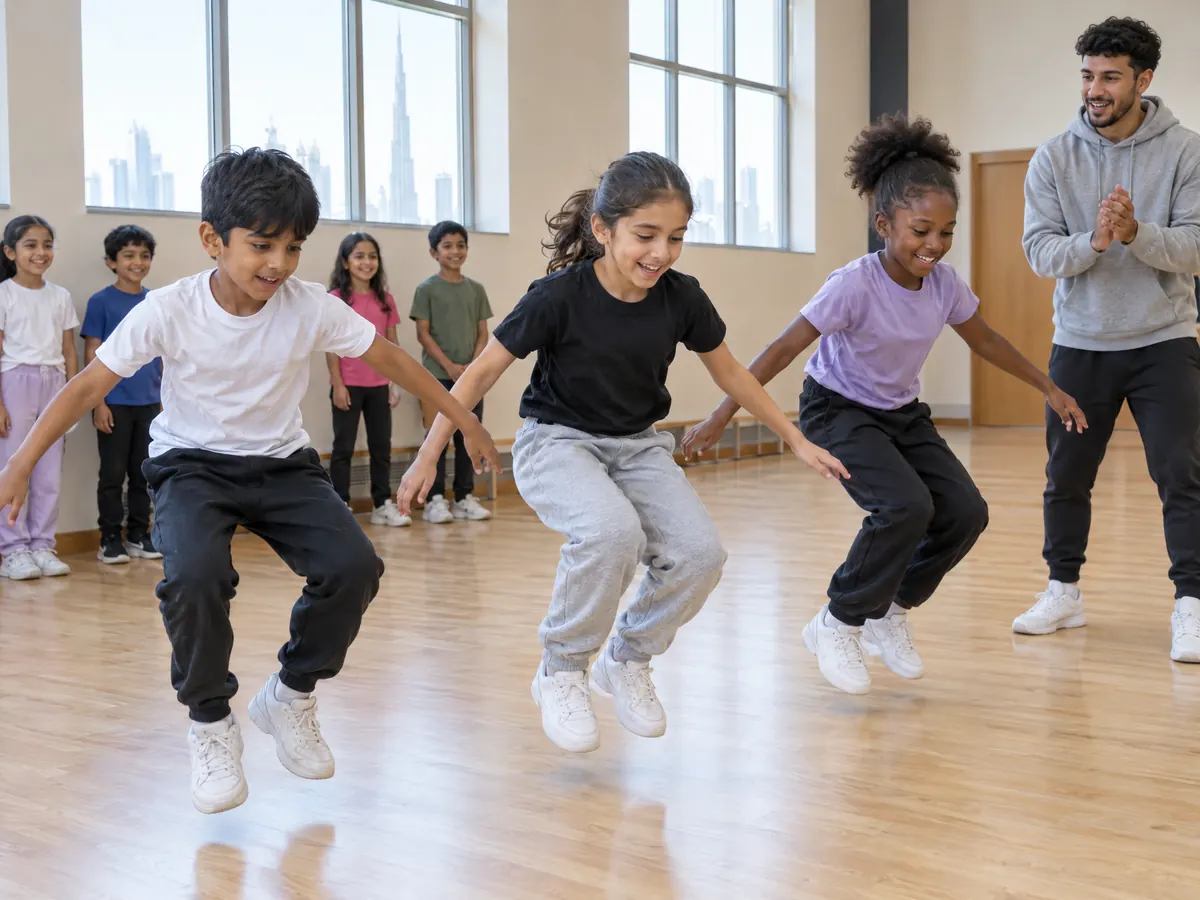 Three children in T-shirts and joggers land together from a jump with their knees bent in a hip hop class in a bright hall, as their coach claps the beat and other children wait their turn by the wall.