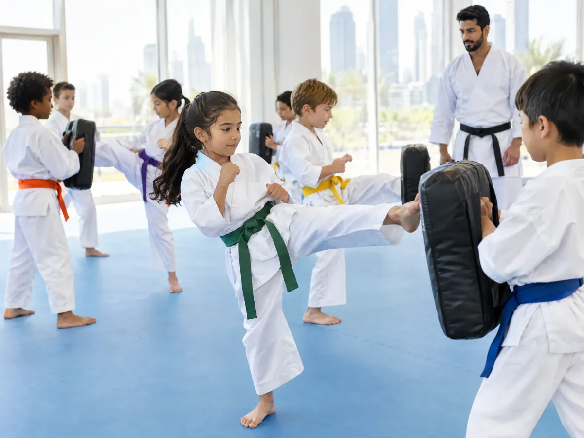 Children in white karate uniforms with coloured belts practise front kicks into kick pads held by partners, as an instructor looks on.