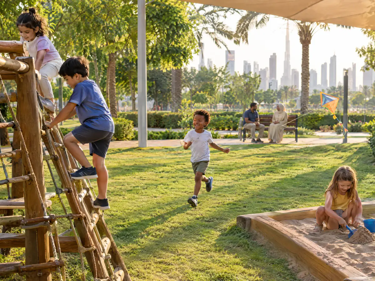 Children play in a shaded park: two climb a wooden frame, one runs across the grass with a kite and another digs in a sandpit, while parents chat on a bench.