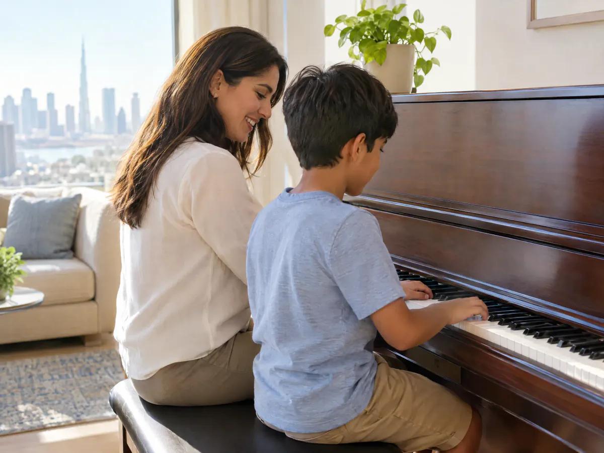 A boy plays an upright piano in a bright living room, with his piano teacher sitting beside him on the bench, smiling.