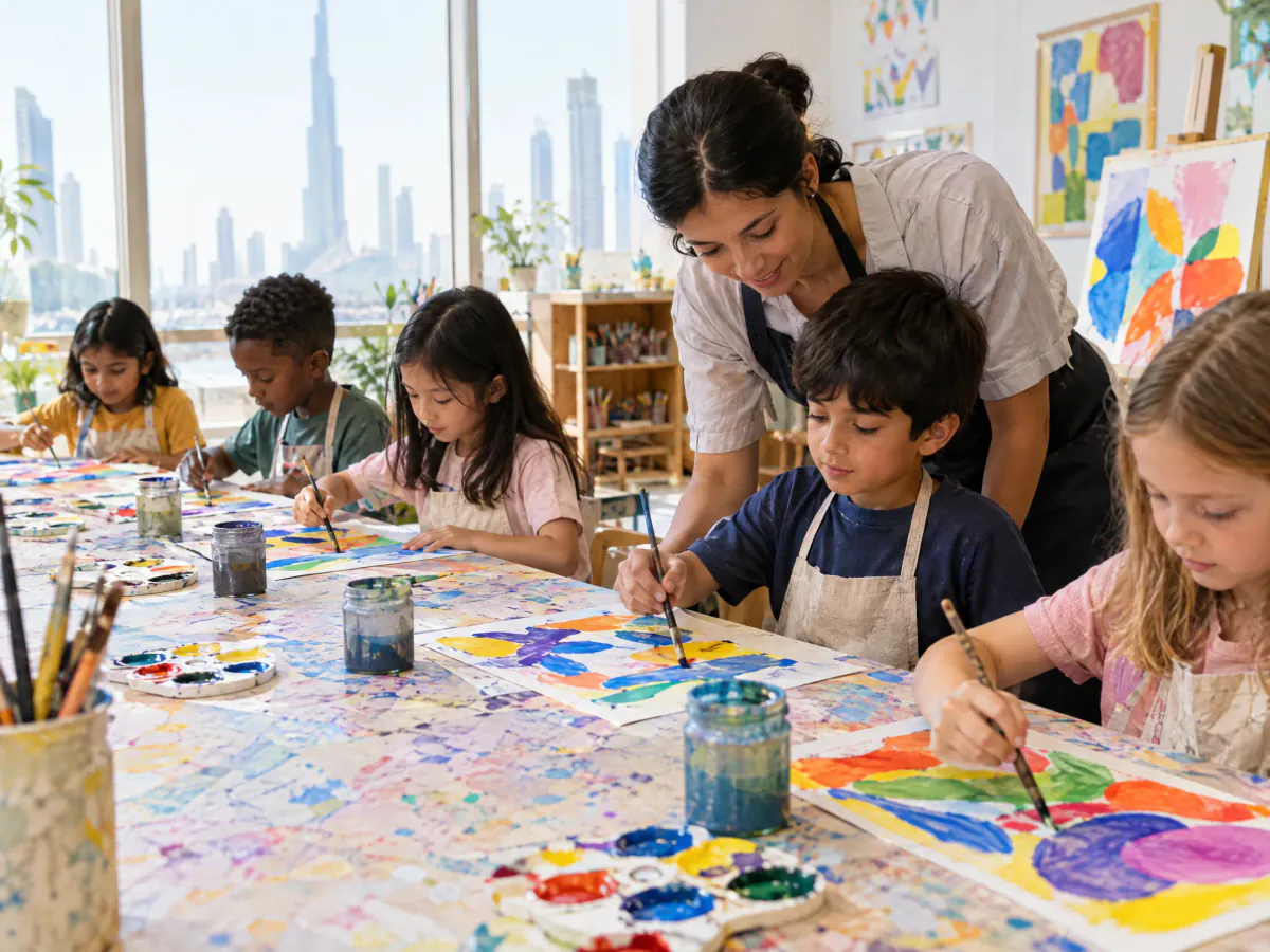 Children in aprons paint colourful abstract pictures at a long table while a teacher leans in to help one of them.