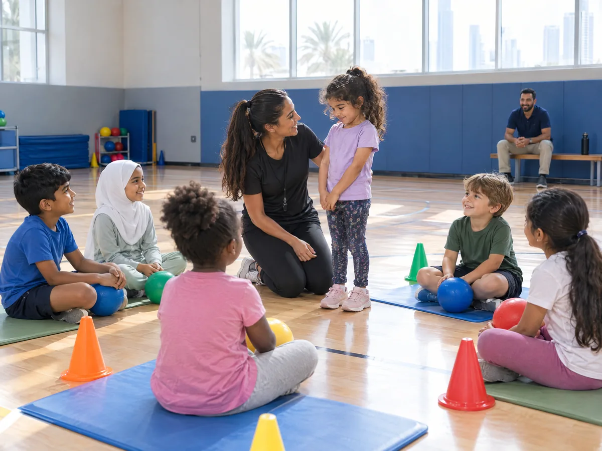 A smiling coach kneels to welcome a new girl to a class in a bright sports hall, while other children sit on mats with balls and cones and a father watches from a bench.