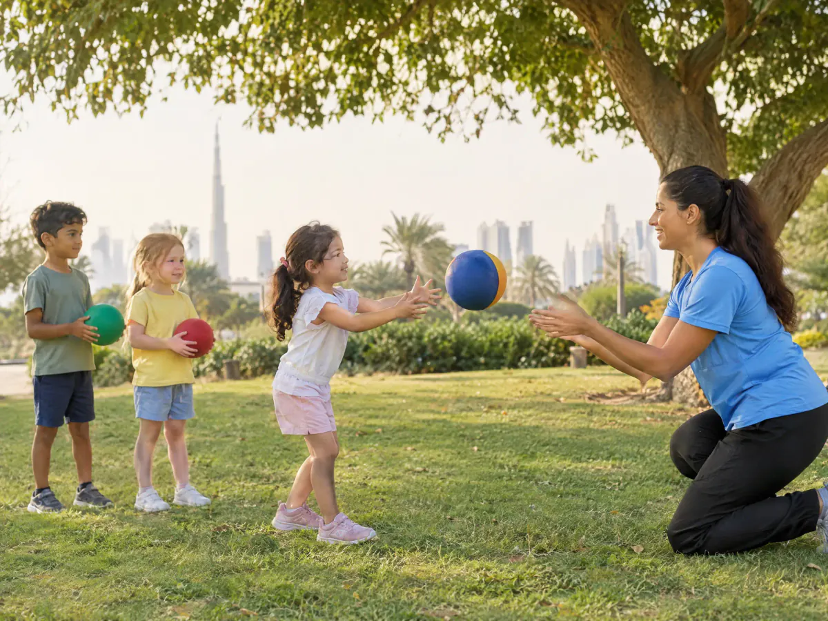 A coach kneeling on the grass in a shaded park tosses a soft ball to a young girl reaching out to catch it, as two other children wait with balls.
