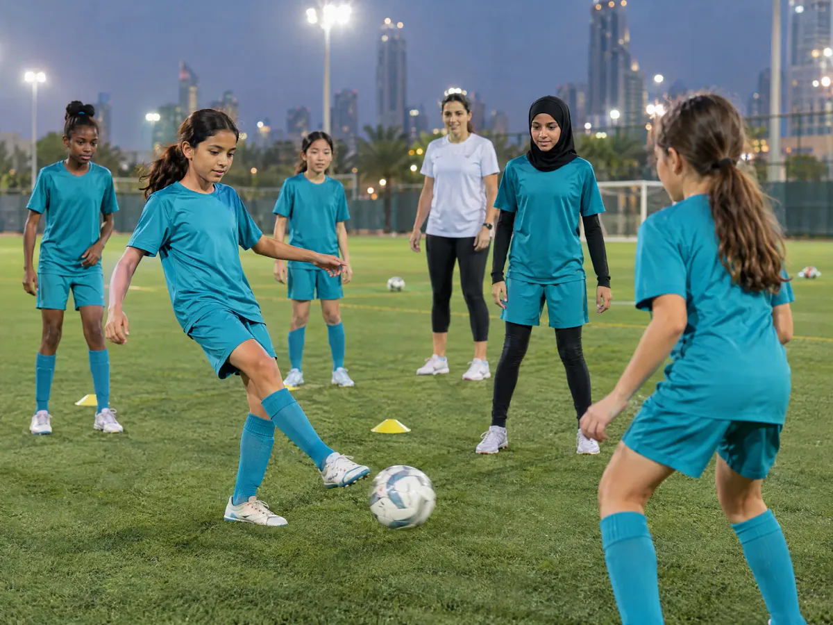 A girls' team in teal training kit does a passing drill on a floodlit pitch, some players in sports hijabs, while a female coach watches.